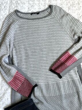 NIC+ZOE Gray White Textured Knit Sweater Colorblock Cozy Chic Minimalist L